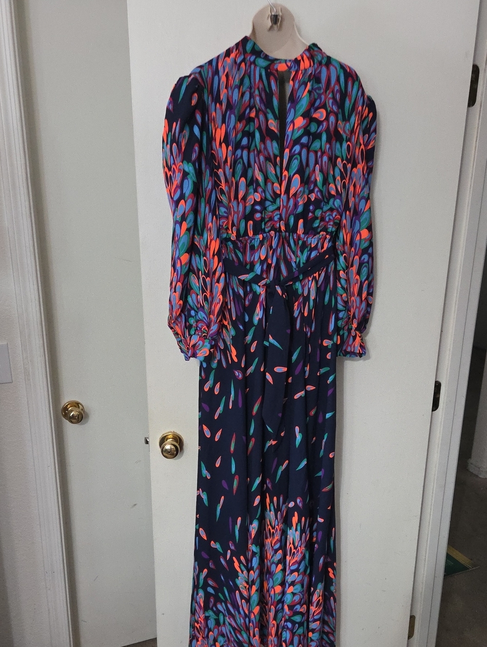 Fashion Nova Navy Maxi Dress with Coral, Teal & Purple Print